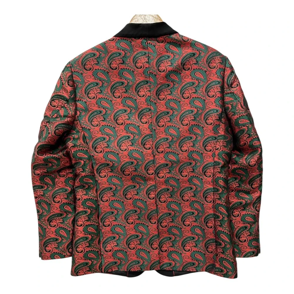 Christmas Paisley Tuxedo Jacket Red Green  Blazer Mens M Shawl Lapel Coofandy